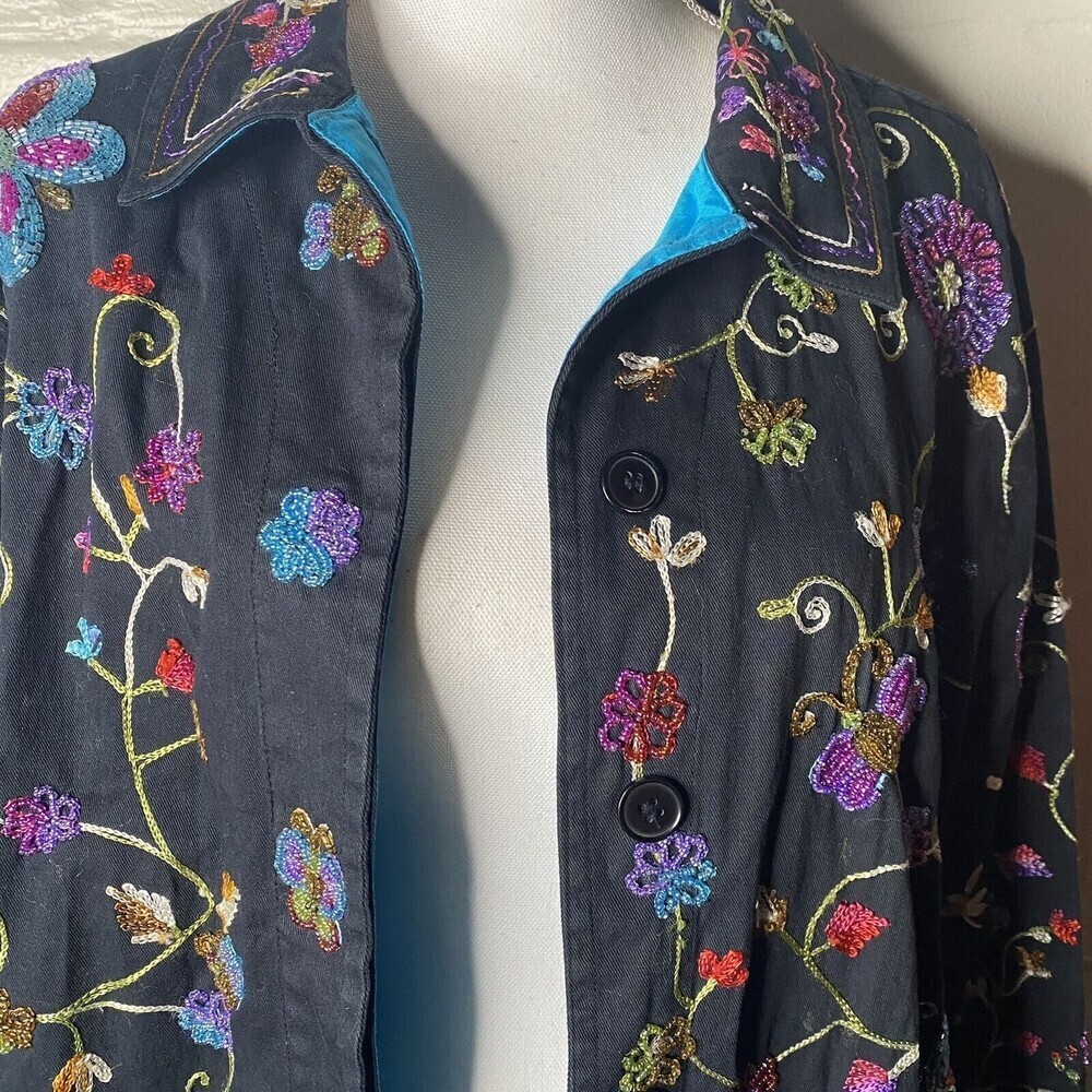 Vtg Quaker Factory Jacket Women Sz M Black Beaded Butterflies Embroidery Flowers - Picture 4 of 9